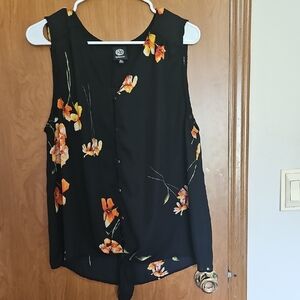 Bobeau Sleeveless Black Blouse with Orange Floral Design